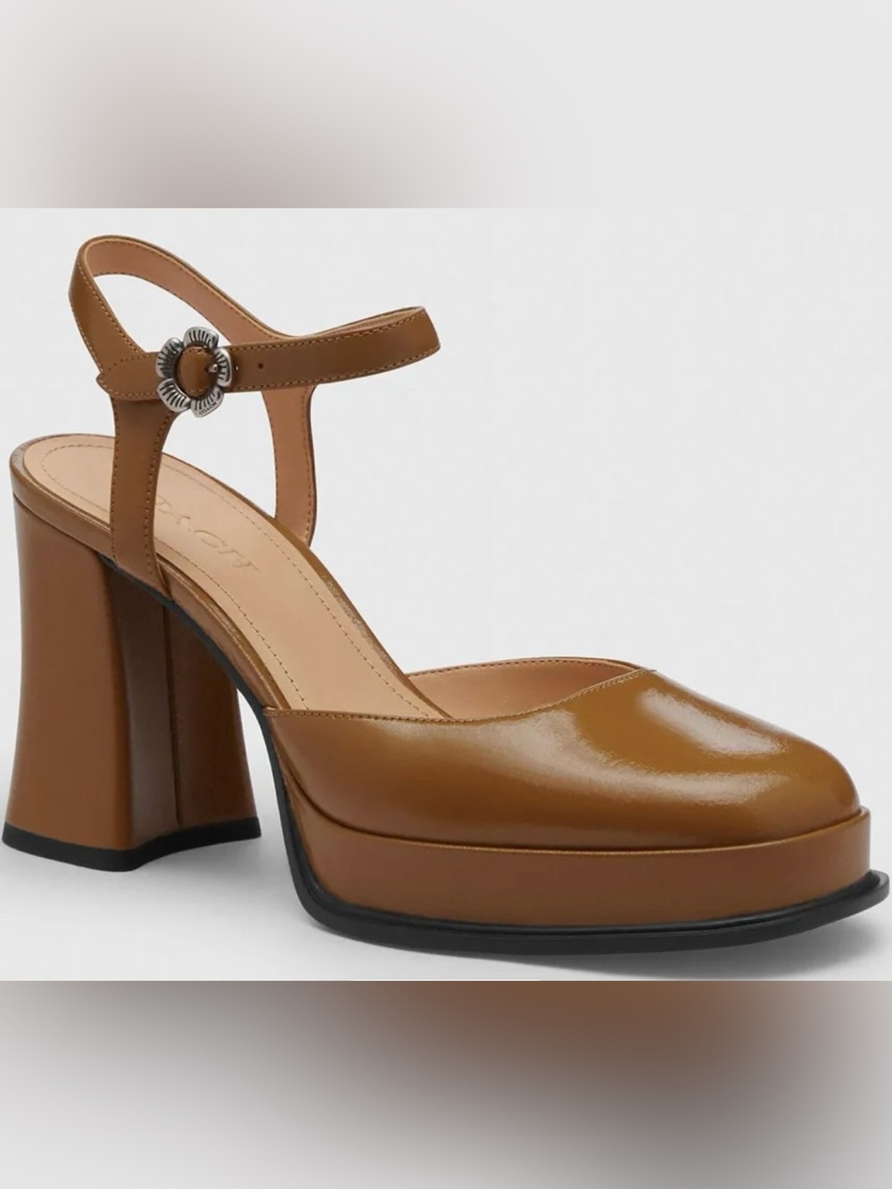 COACH
Tea Rose Patent Leather Ankle Strap Block Heel Pumps